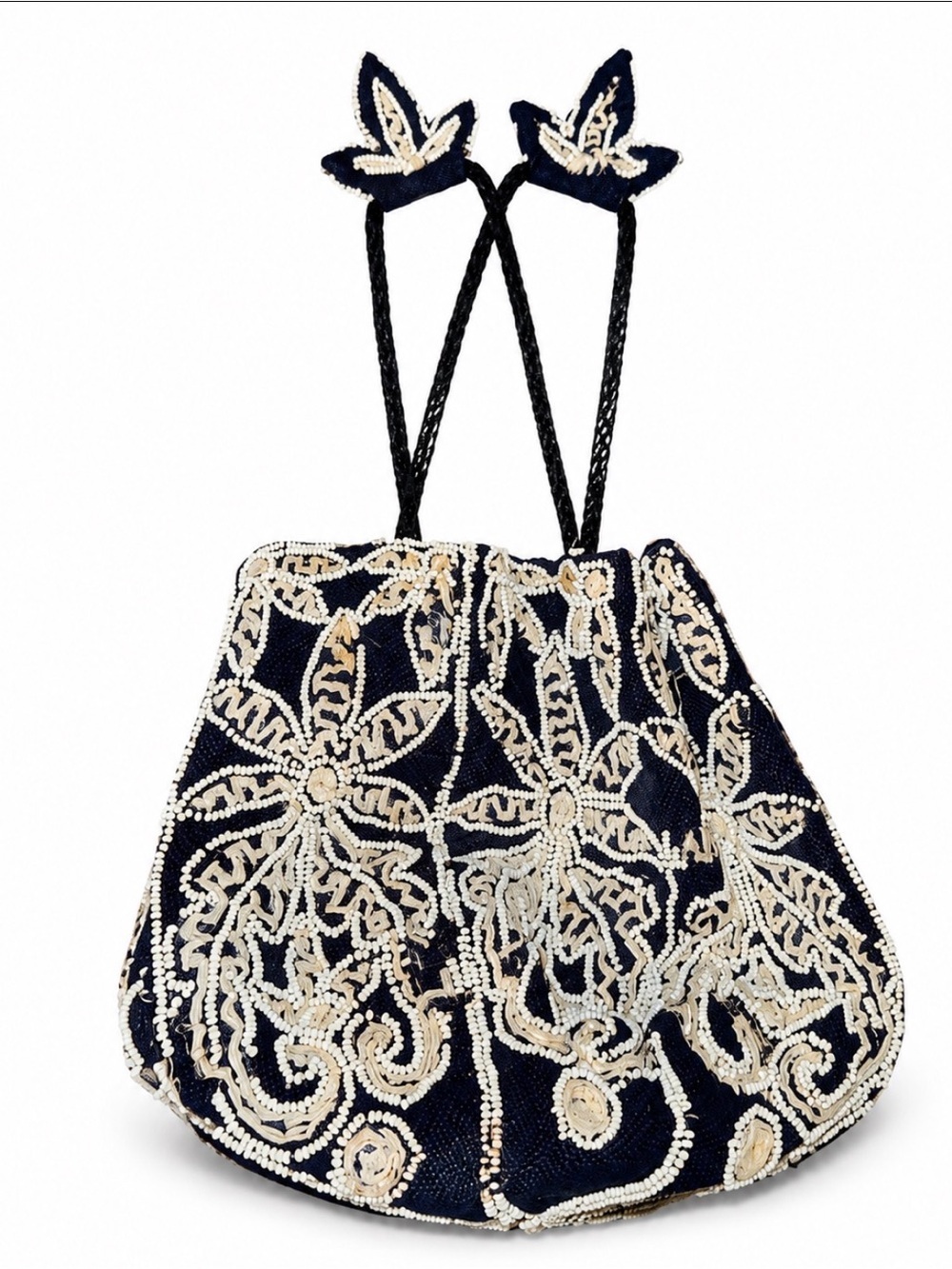 Black Beaded Floral Drawstring Evening Bag cinch top nylon straps ornate vintage